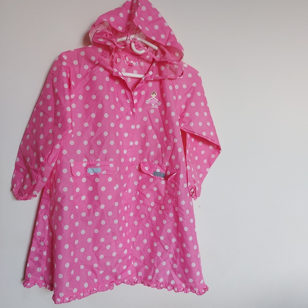Miki House. Girls Rain Coat, Sweet Pink & White Pockets Dots.